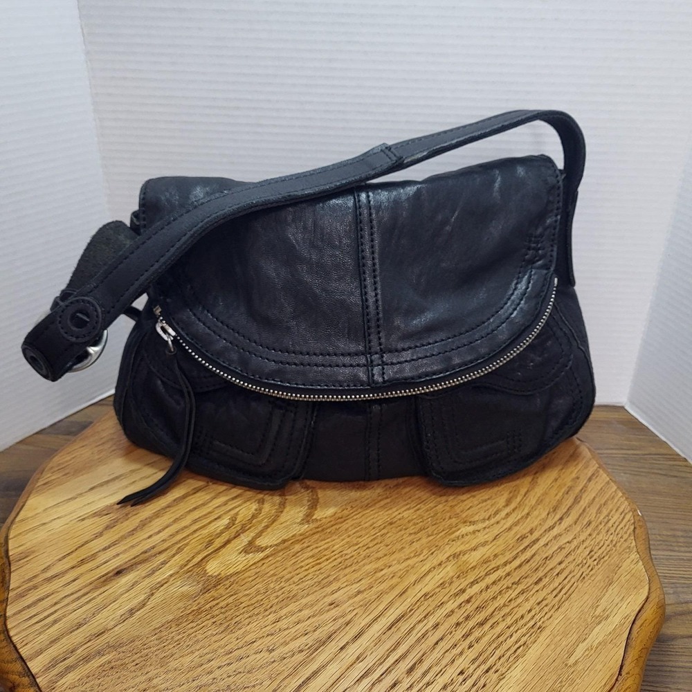 VTG Lucky Brand Black Lamb Leather Fold Over "Stash" Purse Handbag Shoulder Bag